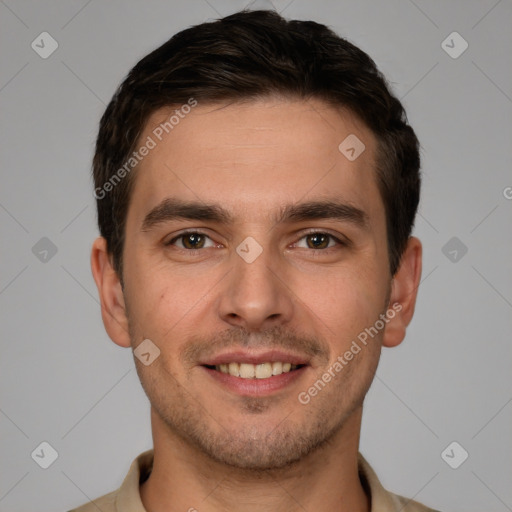 Joyful white young-adult male with short  brown hair and brown eyes