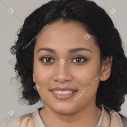 Joyful latino young-adult female with long  black hair and brown eyes