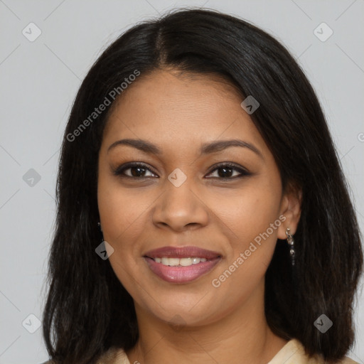 Joyful latino young-adult female with long  brown hair and brown eyes