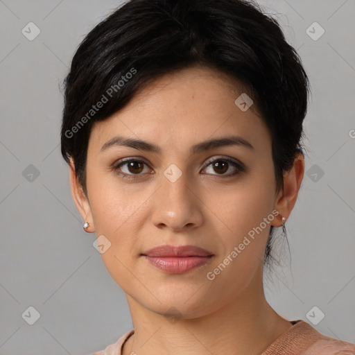 Joyful white young-adult female with medium  brown hair and brown eyes