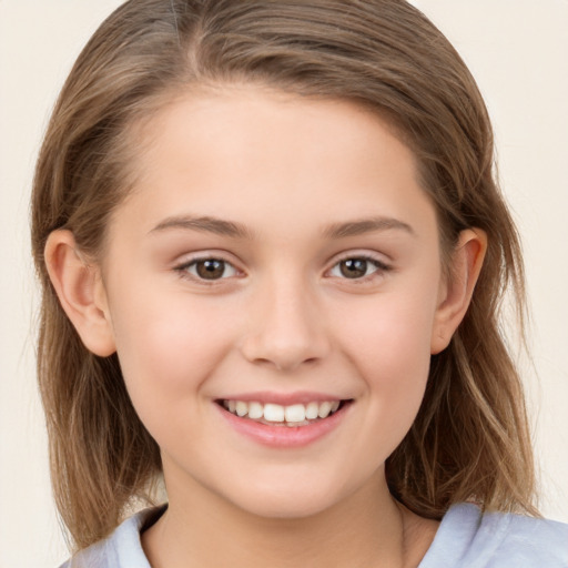 Joyful white child female with medium  brown hair and brown eyes