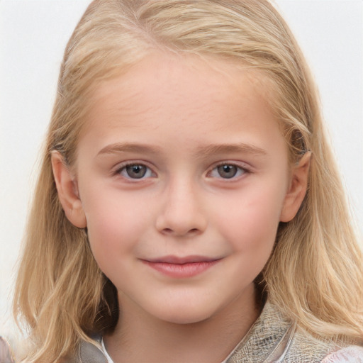 Joyful white child female with medium  brown hair and blue eyes