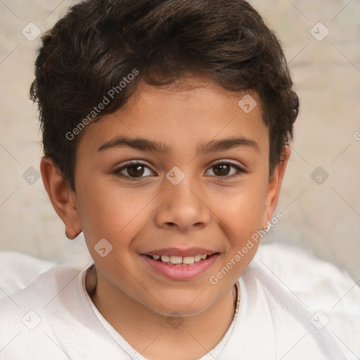 Joyful white child female with short  brown hair and brown eyes