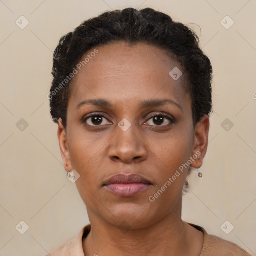 Neutral black young-adult female with short  black hair and brown eyes