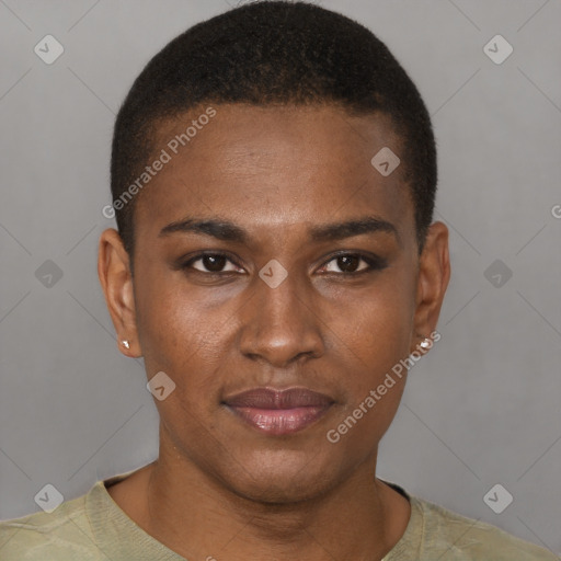 Joyful black young-adult male with short  brown hair and brown eyes