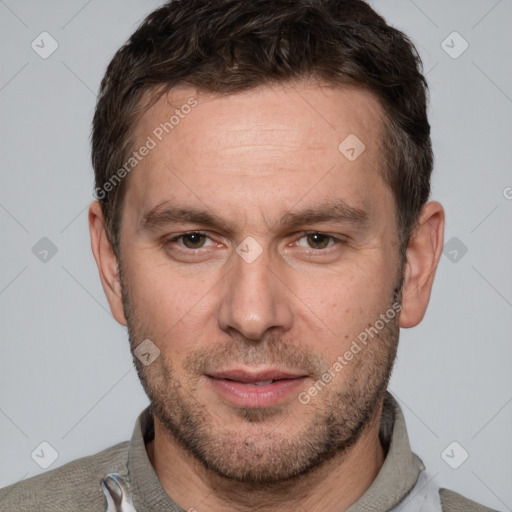 Neutral white adult male with short  brown hair and grey eyes
