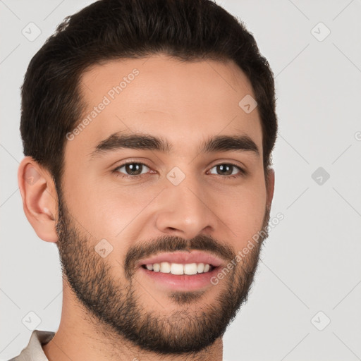 Joyful white young-adult male with short  brown hair and brown eyes