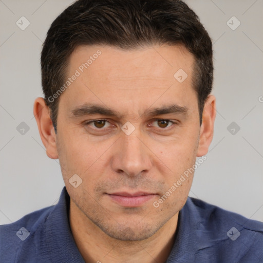 Neutral white adult male with short  brown hair and brown eyes