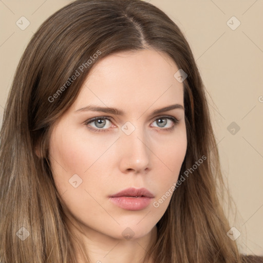 Neutral white young-adult female with long  brown hair and brown eyes