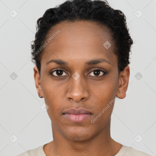 Neutral black young-adult female with short  black hair and brown eyes