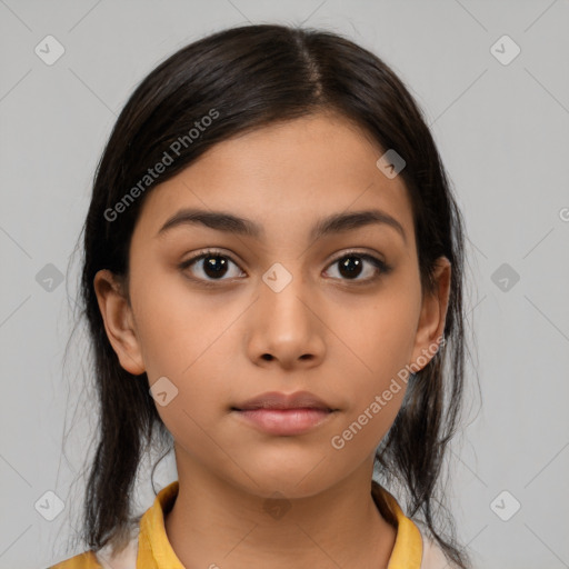 Neutral latino young-adult female with medium  brown hair and brown eyes