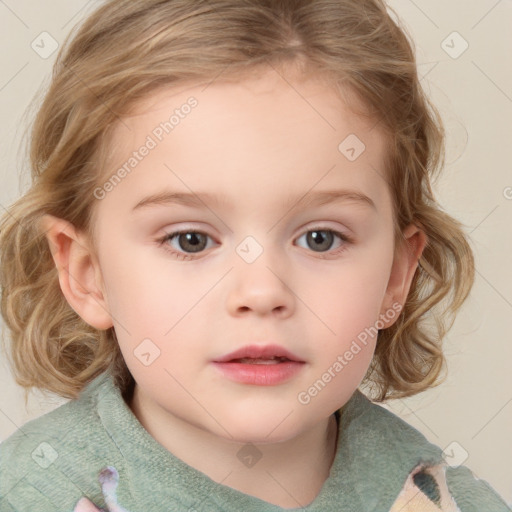 Neutral white child female with medium  brown hair and blue eyes