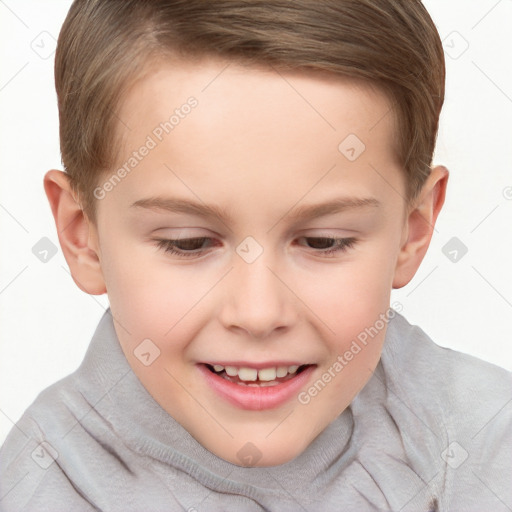 Joyful white child female with short  brown hair and brown eyes