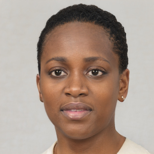 Neutral black young-adult female with short  black hair and brown eyes