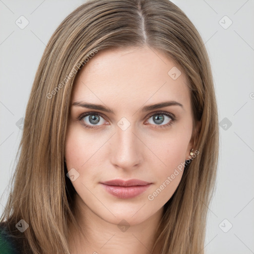 Neutral white young-adult female with long  brown hair and brown eyes