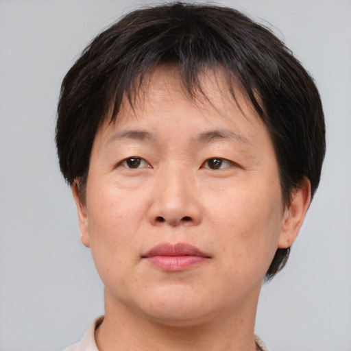Neutral white adult female with short  brown hair and brown eyes