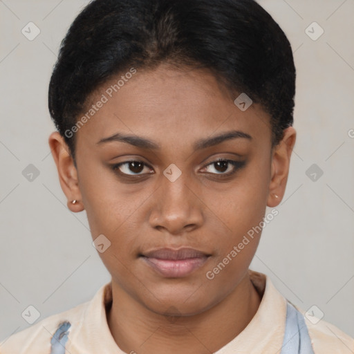 Neutral latino young-adult female with short  brown hair and brown eyes