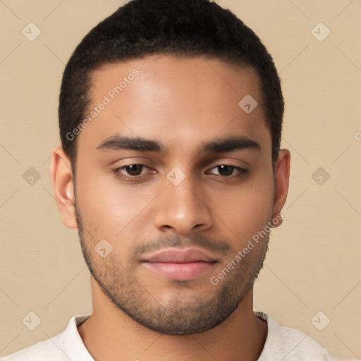 Neutral latino young-adult male with short  black hair and brown eyes