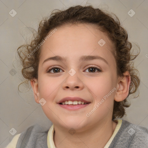 Joyful white child female with medium  brown hair and brown eyes