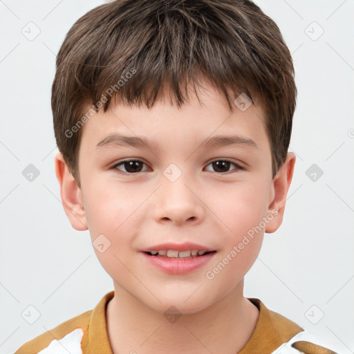 Joyful white child male with short  brown hair and brown eyes