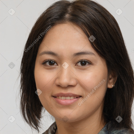 Joyful white young-adult female with medium  brown hair and brown eyes