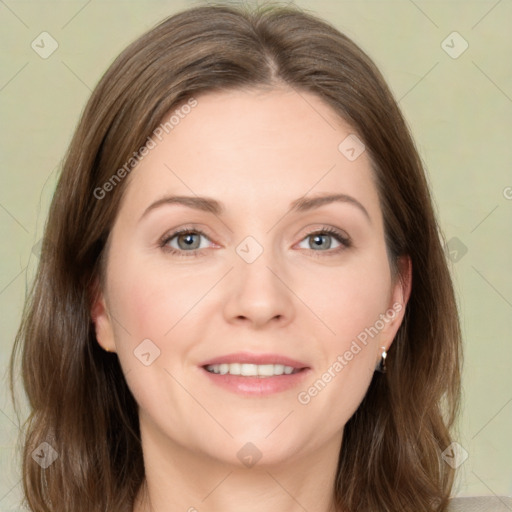 Joyful white young-adult female with medium  brown hair and green eyes