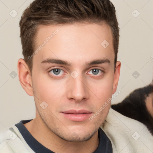 Neutral white young-adult male with short  brown hair and grey eyes