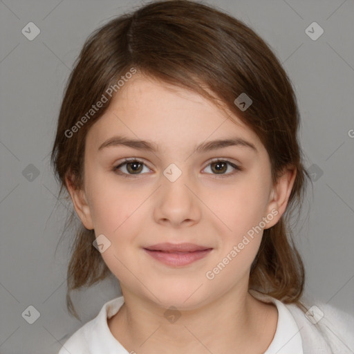 Joyful white child female with medium  brown hair and brown eyes