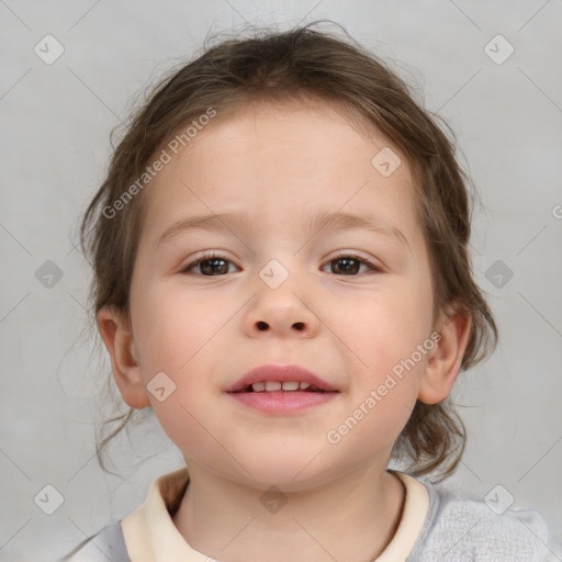 Joyful white child female with medium  brown hair and brown eyes