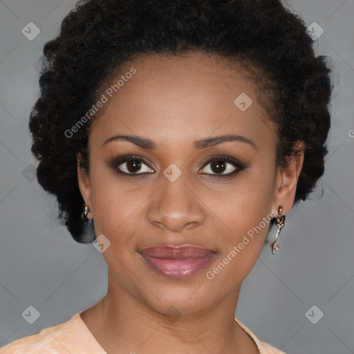 Joyful black young-adult female with medium  brown hair and brown eyes