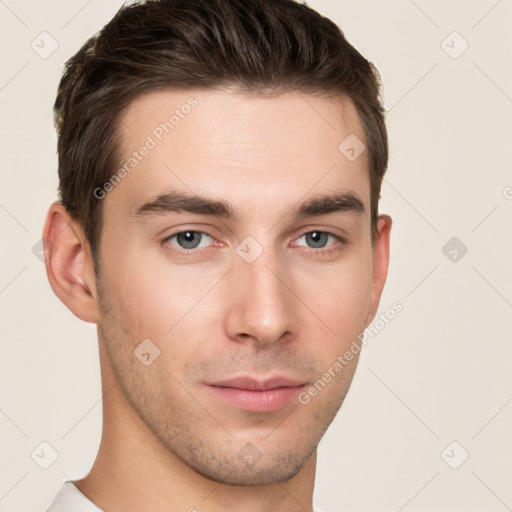 Neutral white young-adult male with short  brown hair and brown eyes