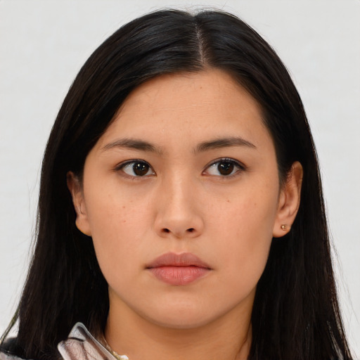 Neutral asian young-adult female with long  black hair and brown eyes