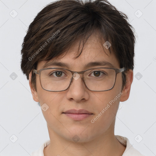 Joyful white adult female with short  brown hair and brown eyes