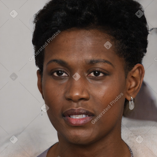 Neutral black young-adult female with short  brown hair and brown eyes