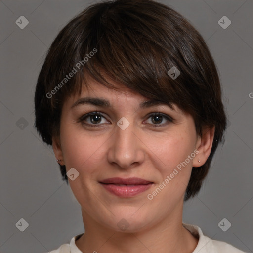 Joyful white young-adult female with medium  brown hair and brown eyes