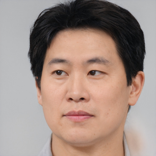 Neutral asian young-adult male with short  black hair and brown eyes
