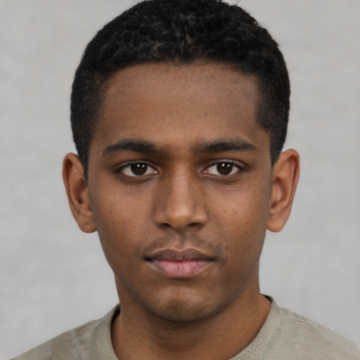 Neutral black young-adult male with short  black hair and brown eyes
