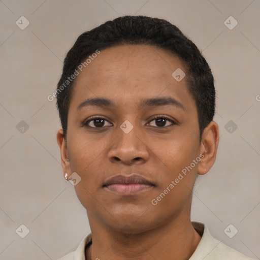 Neutral latino young-adult female with short  black hair and brown eyes