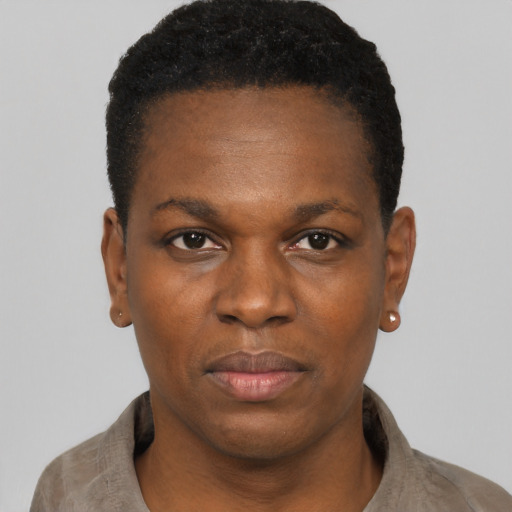 Neutral black young-adult female with short  black hair and brown eyes