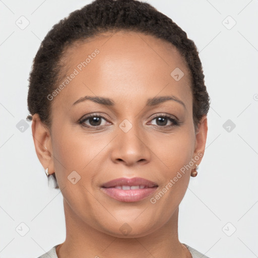 Joyful white young-adult female with short  brown hair and brown eyes