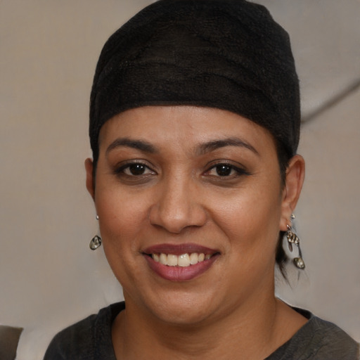 Joyful white young-adult female with short  black hair and brown eyes
