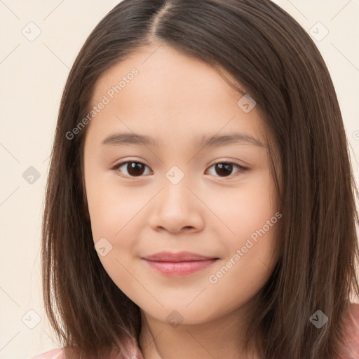 Joyful white child female with long  brown hair and brown eyes