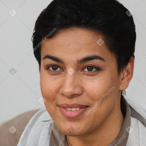 Joyful latino young-adult female with short  brown hair and brown eyes