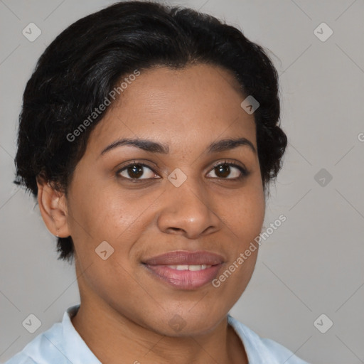 Joyful latino young-adult female with short  brown hair and brown eyes