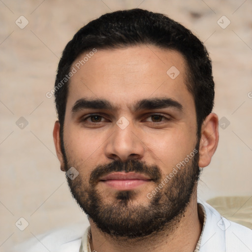 Neutral white young-adult male with short  black hair and brown eyes