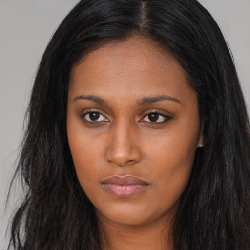 Neutral asian young-adult female with long  black hair and brown eyes