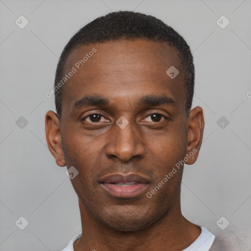 Neutral black young-adult male with short  black hair and brown eyes