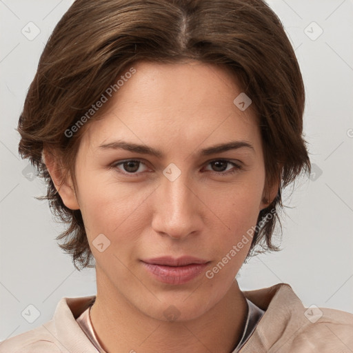 Neutral white young-adult female with medium  brown hair and brown eyes