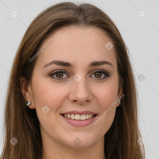 Joyful white young-adult female with long  brown hair and grey eyes