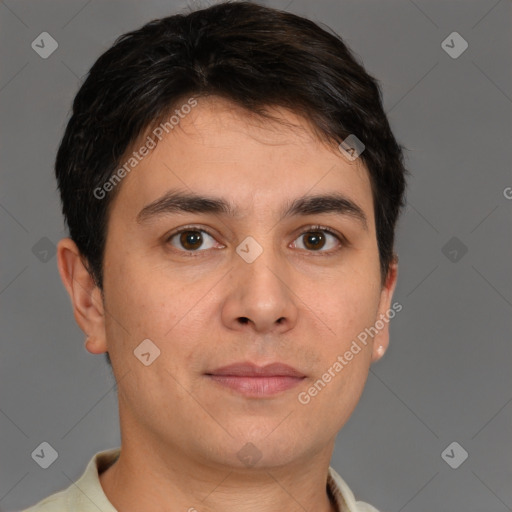 Joyful white young-adult male with short  brown hair and brown eyes